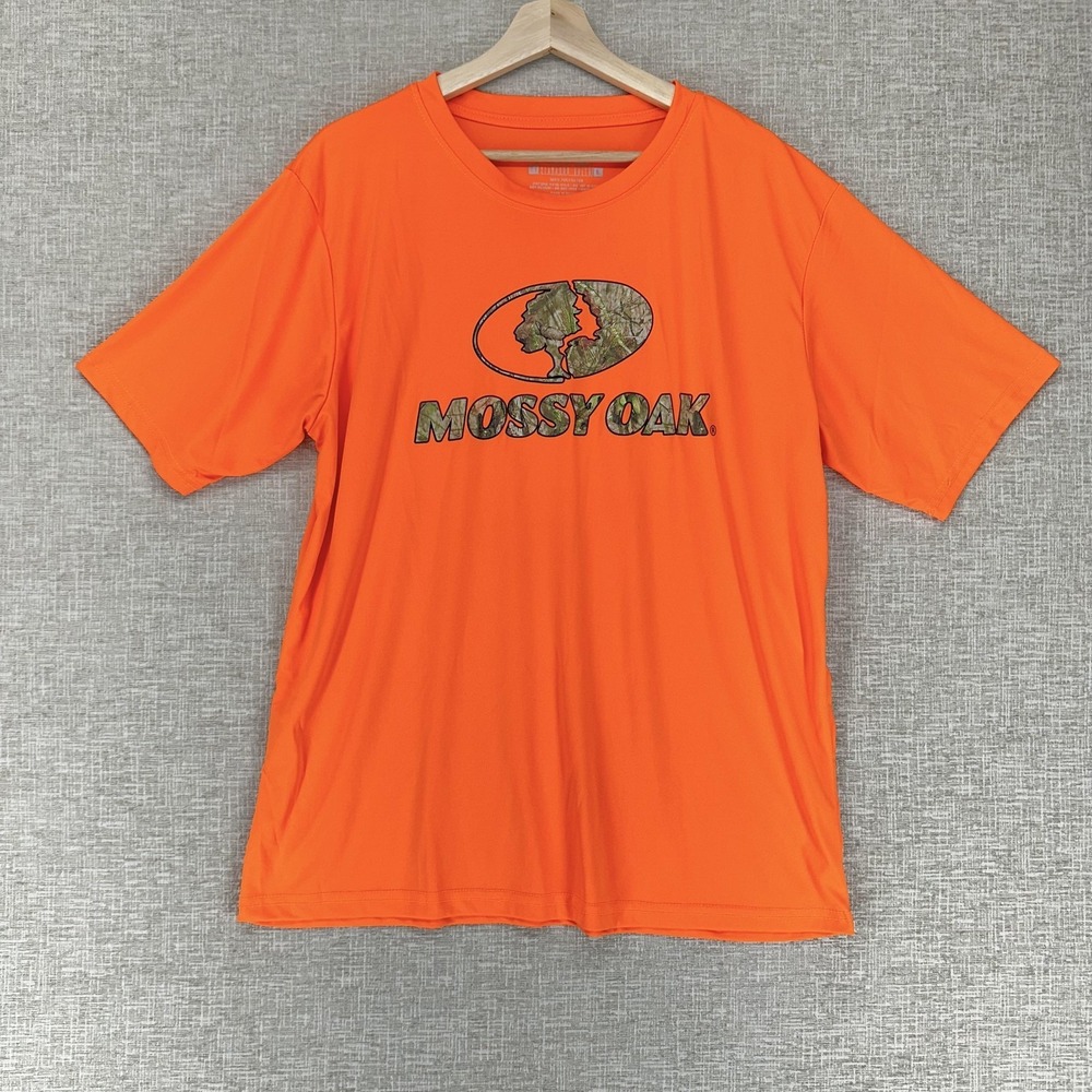 Mossy Oak Shirt Mens Large Orange‎ Camo Logo Short Sleeve Polyester Hunting Tee